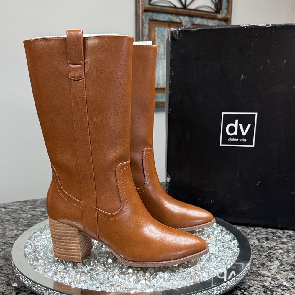 DV by Dolce Vita Cognac Leather Mid-Calf stack block Heel Boots NEW 7
